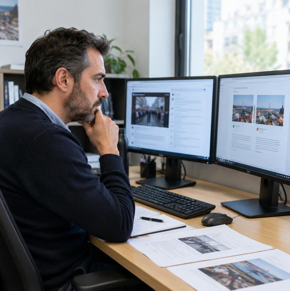 Analista a comparar informação em dois monitores para verificação de factos