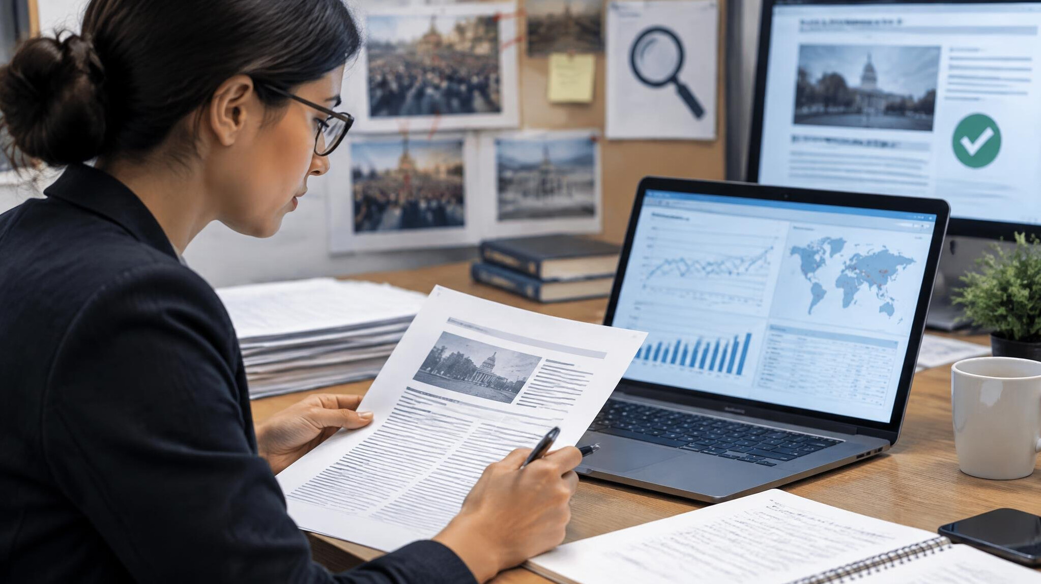 fact checker reviewing documents